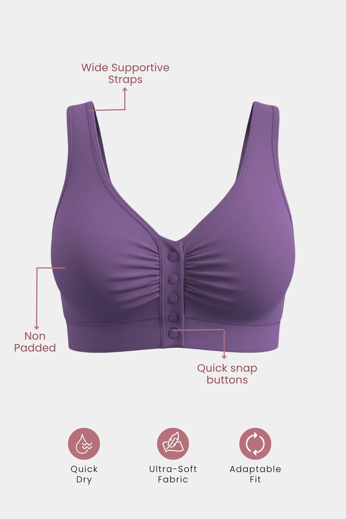 Ruched Modal Front-Open Bra - Wine - Image 2
