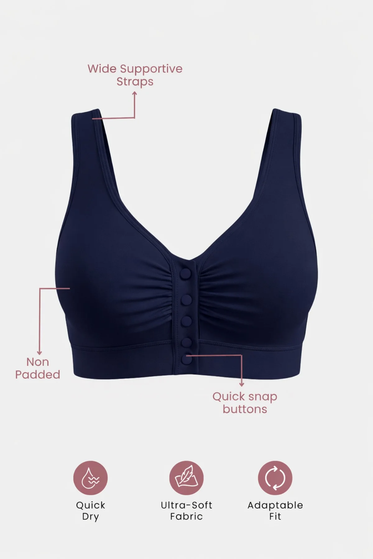 Ruched Modal Front-Open Bra - Navy - Image 3