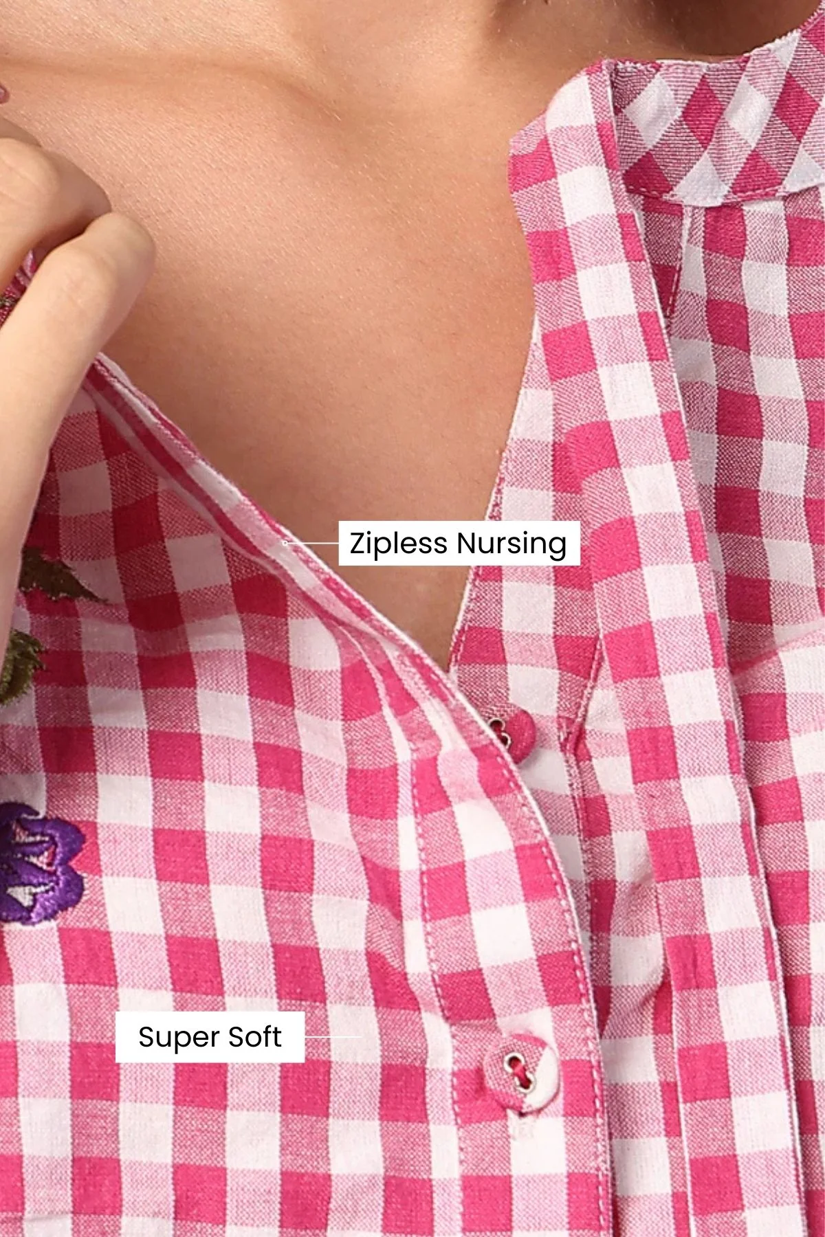 Ruffled Rosy Pink and White Checkered Zipless Feeding Maternity Top - Image 2