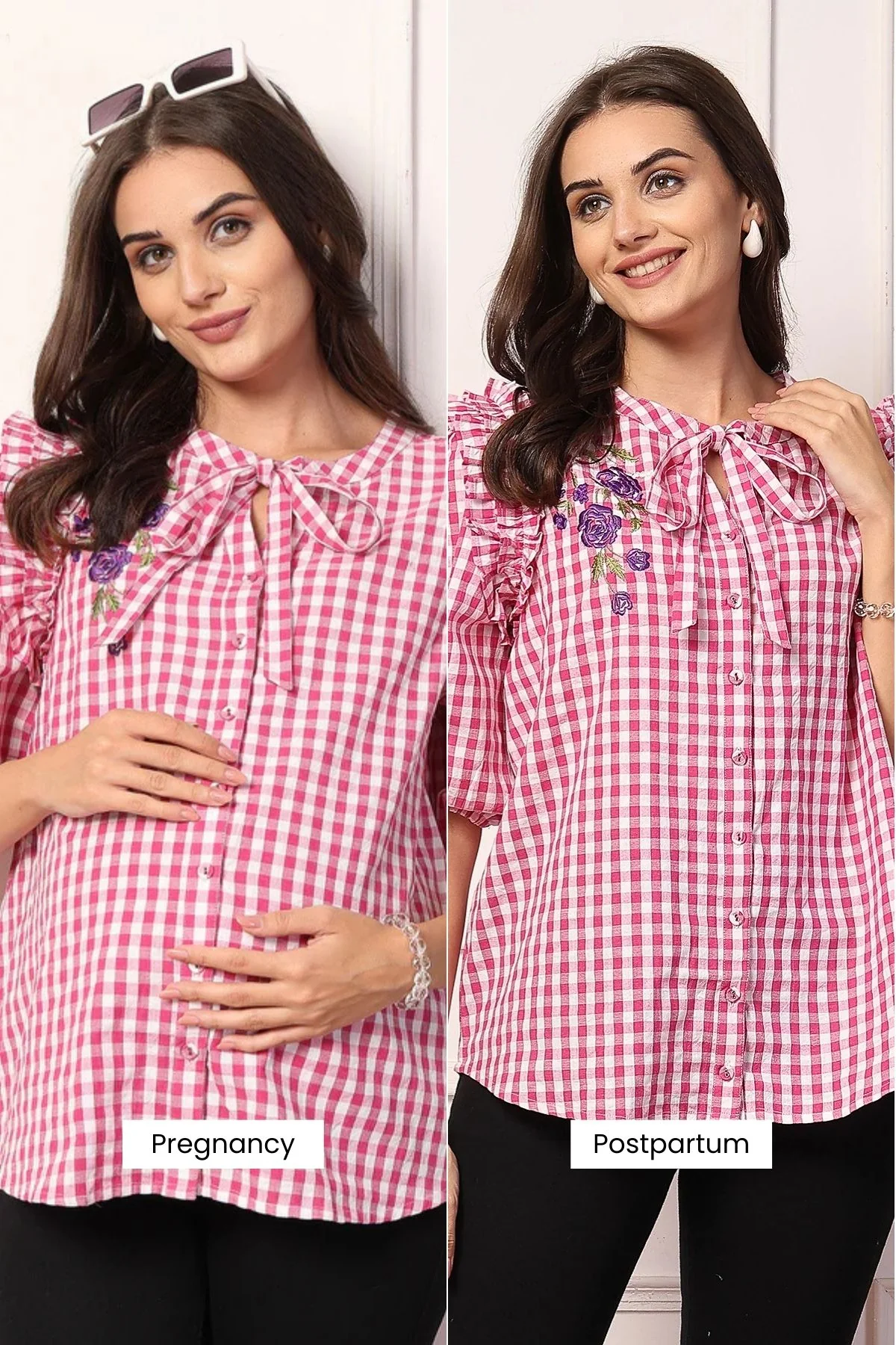 Ruffled Rosy Pink and White Checkered Zipless Feeding Maternity Top - Image 3