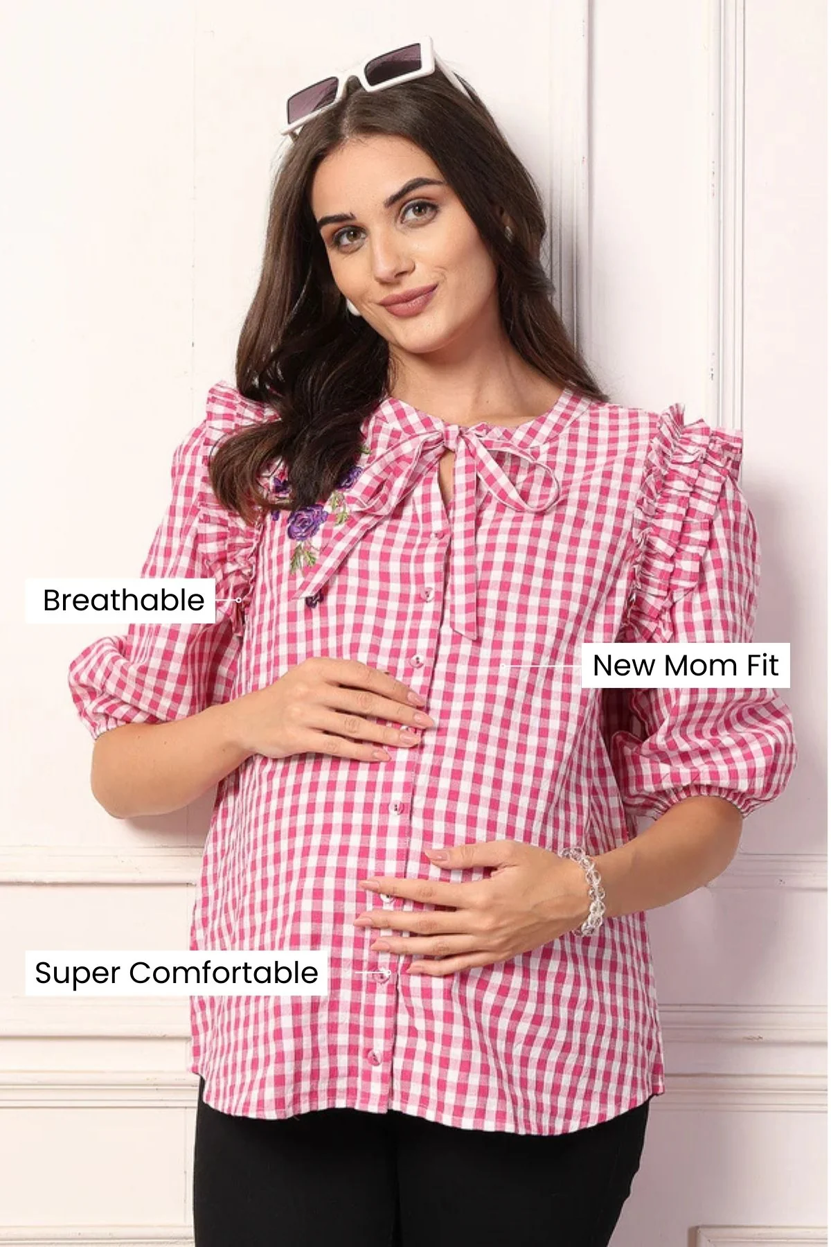 Ruffled Rosy Pink and White Checkered Zipless Feeding Maternity Top - Image 4