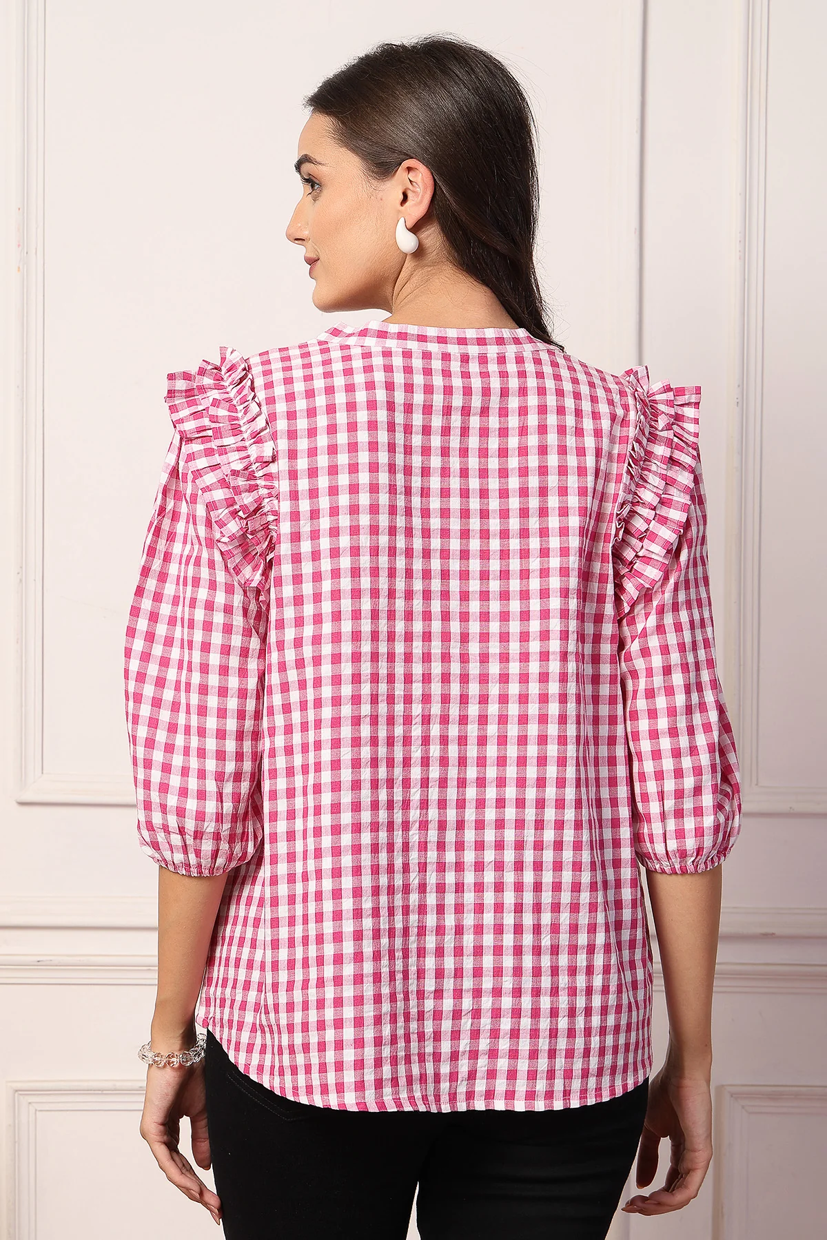 Ruffled Rosy Pink and White Checkered Zipless Feeding Maternity Top - Image 5