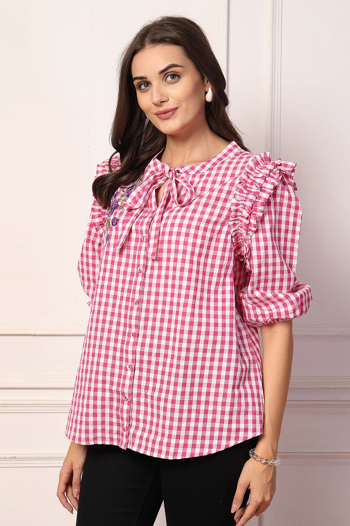 Ruffled Rosy Pink and White Checkered Zipless Feeding Maternity Top - Image 6