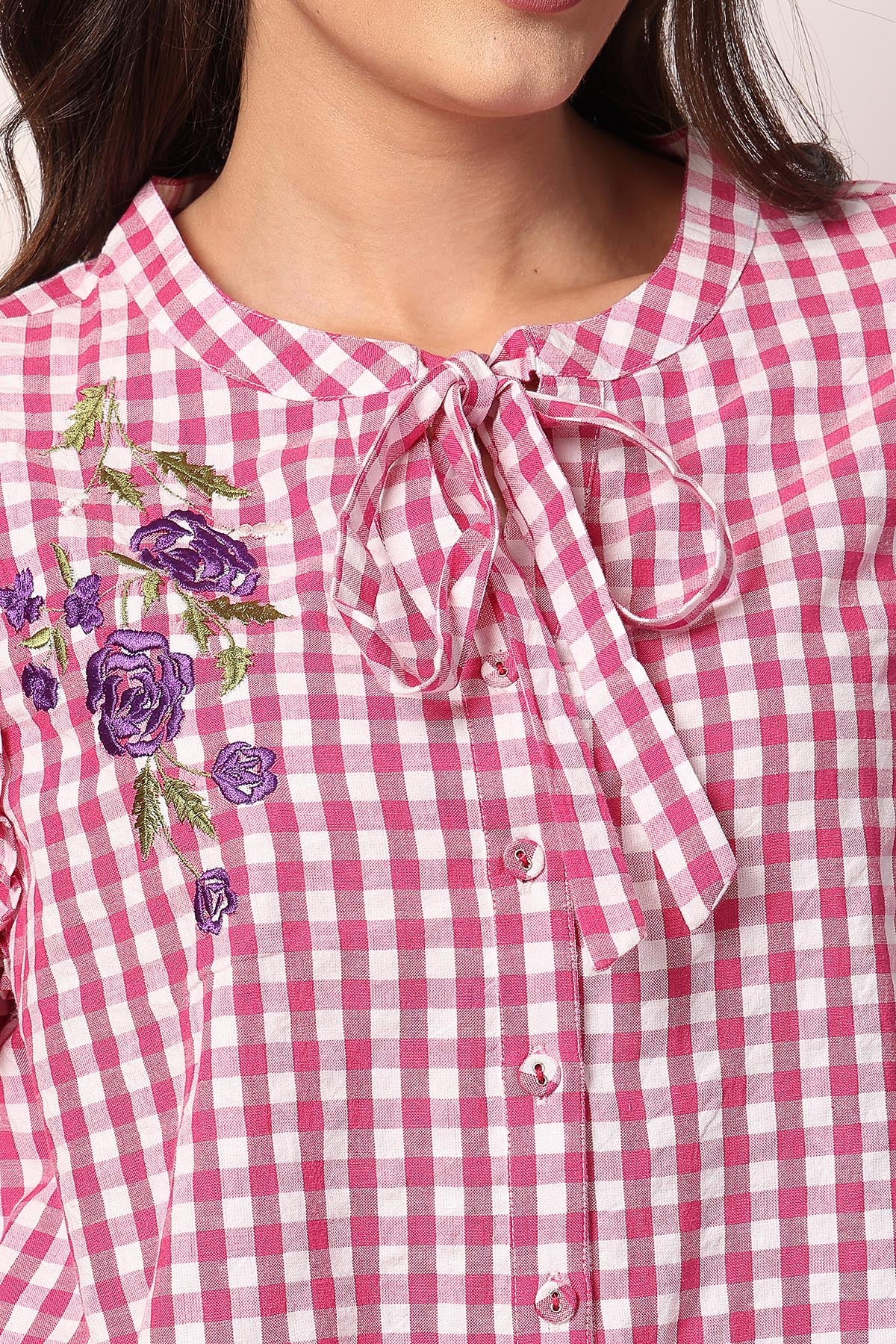 Ruffled Rosy Pink and White Checkered Zipless Feeding Maternity Top - Image 7