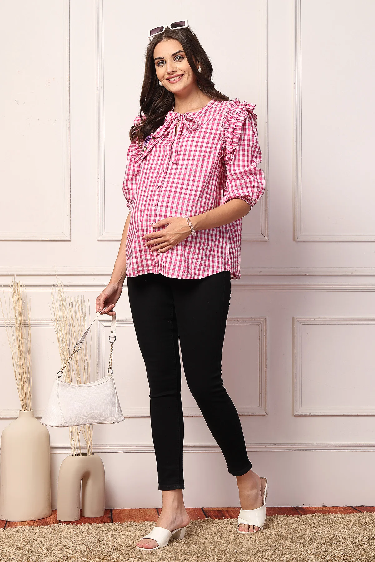 Ruffled Rosy Pink and White Checkered Zipless Feeding Maternity Top - Image 8