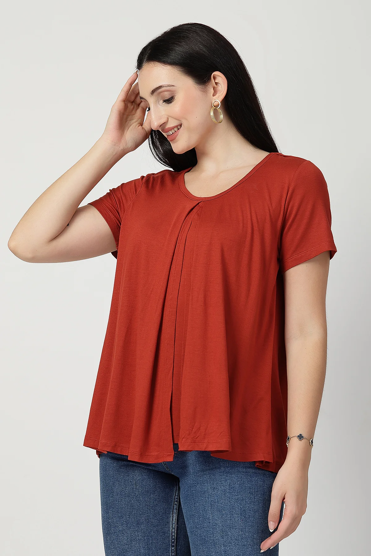 Rust Front & Back Pleated Zipless Nursing Top - Image 5