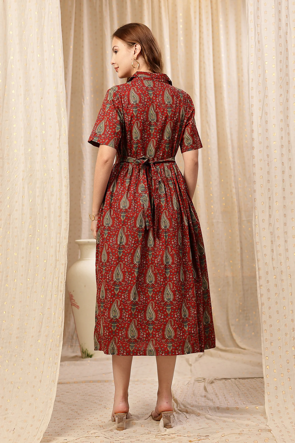 Rust Red Zipless Maternity Lapel Dress with Pockets - Image 3