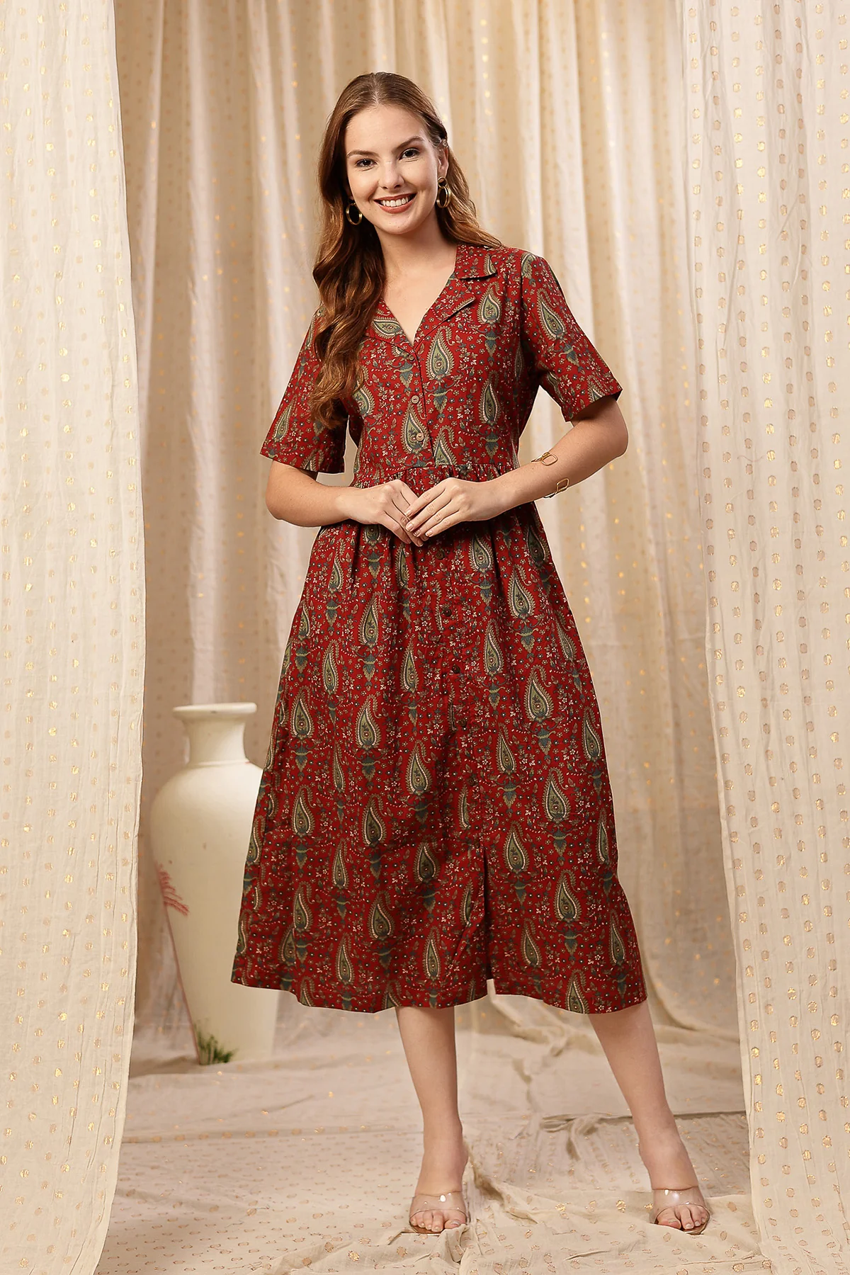 Rust Red Zipless Maternity Lapel Dress with Pockets - Image 4