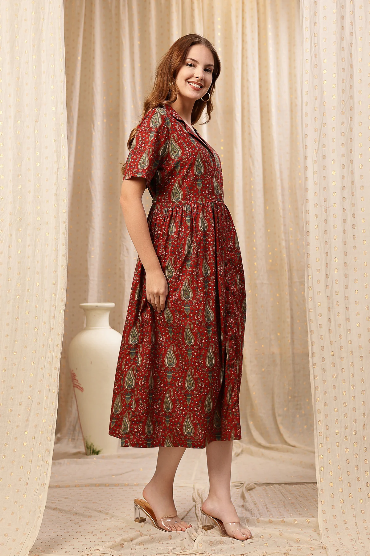 Rust Red Zipless Maternity Lapel Dress with Pockets - Image 6