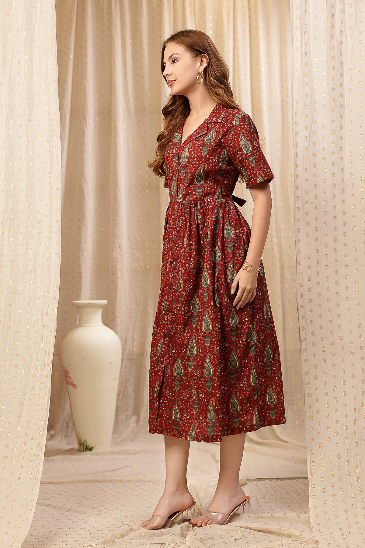 Rust Red Zipless Maternity Lapel Dress with Pockets - Image 7