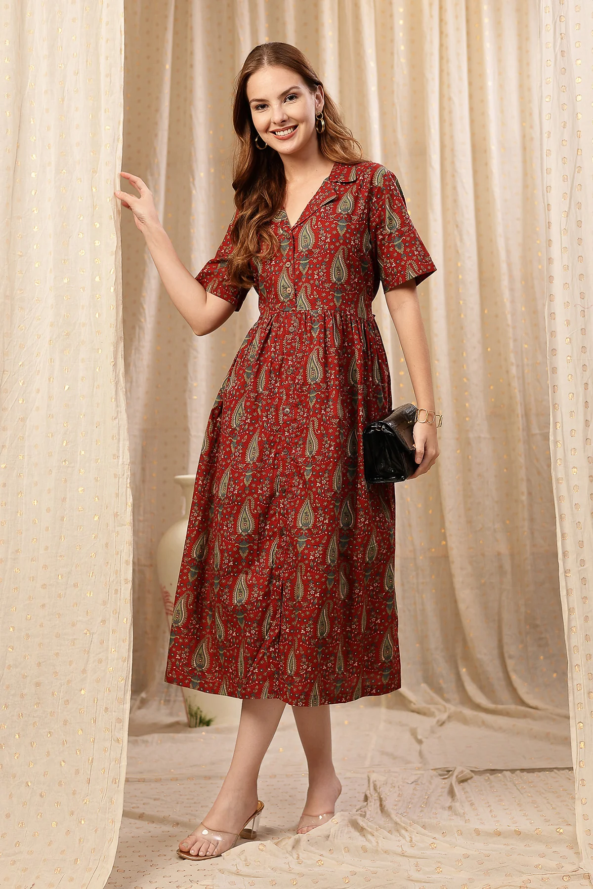 Rust Red Zipless Maternity Lapel Dress with Pockets - Image 8