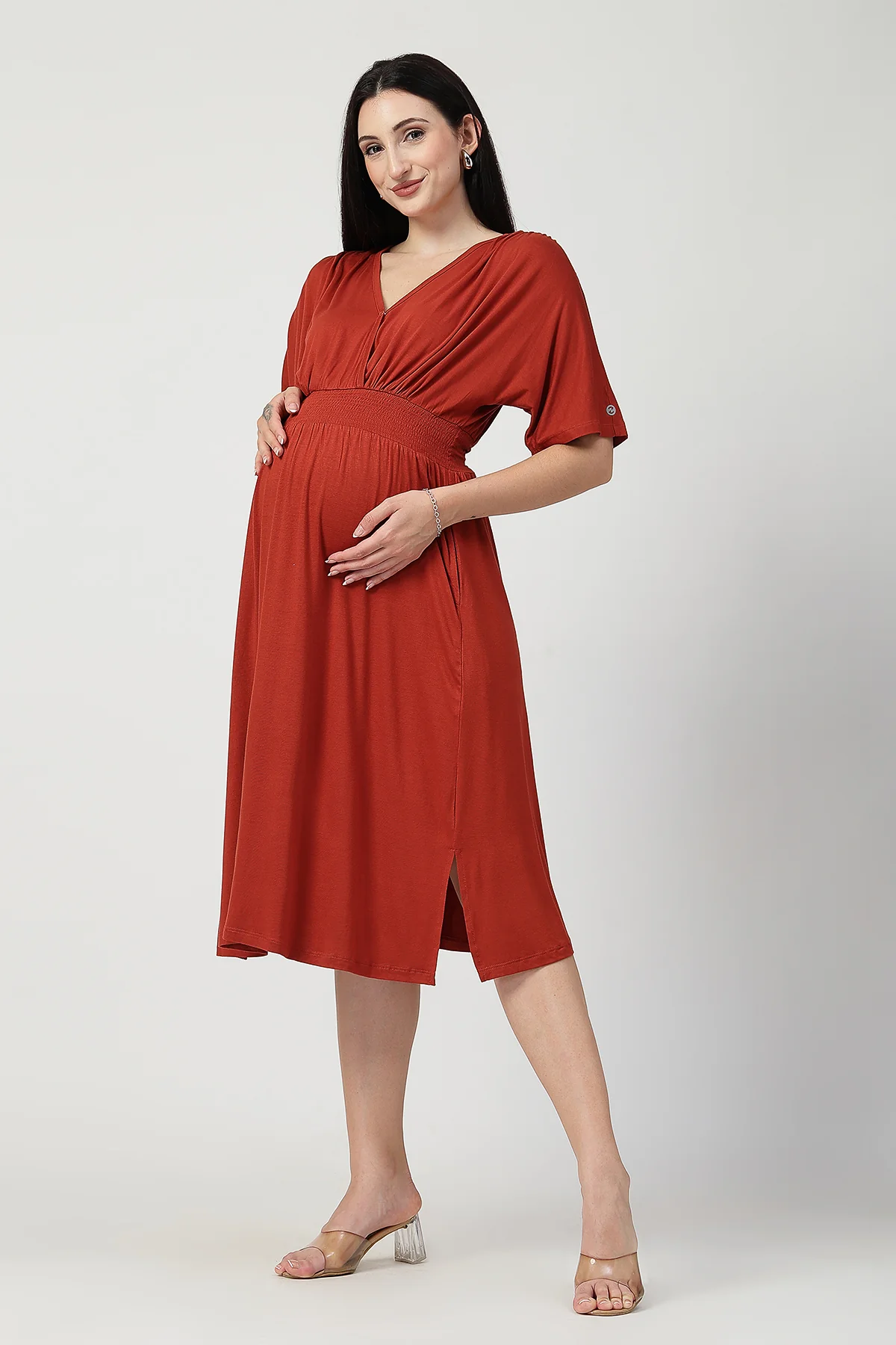 Rust Solid Smocked Waist Zipless Feeding Dress - Image 10
