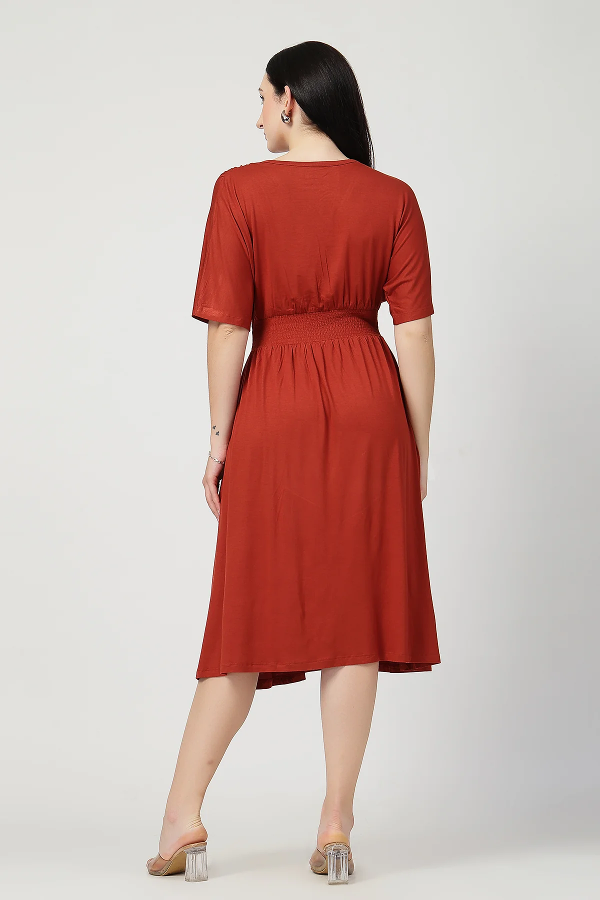 Rust Solid Smocked Waist Zipless Feeding Dress - Image 3