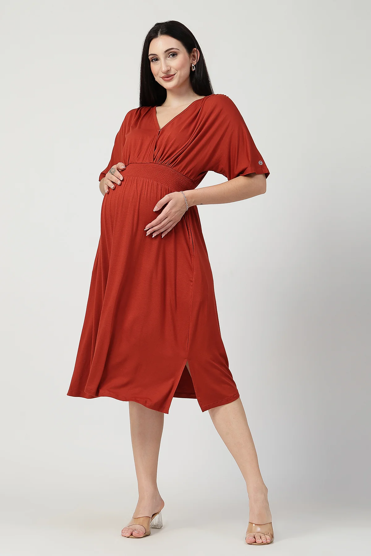 Rust Solid Smocked Waist Zipless Feeding Dress - Image 4