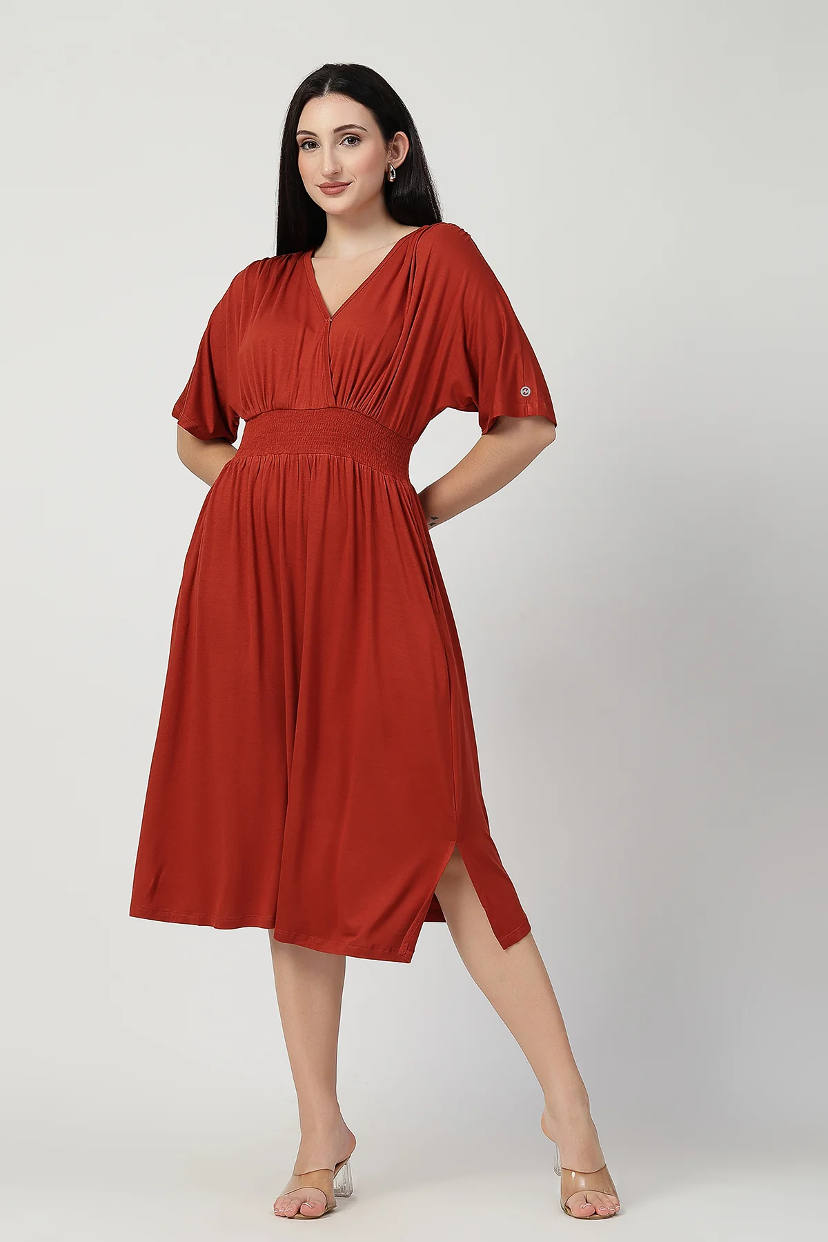 Rust Solid Smocked Waist Zipless Feeding Dress - Image 5