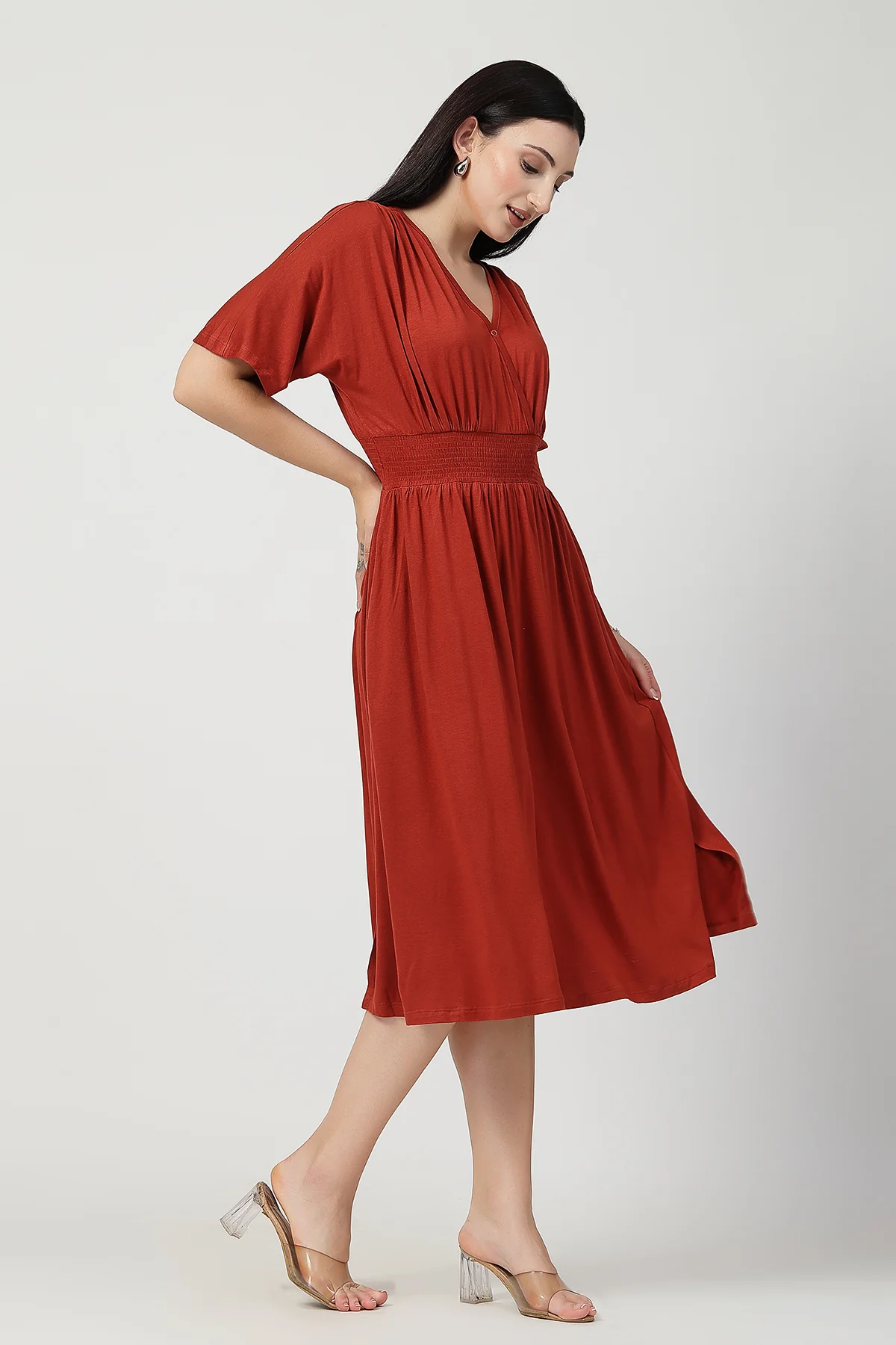 Rust Solid Smocked Waist Zipless Feeding Dress - Image 6