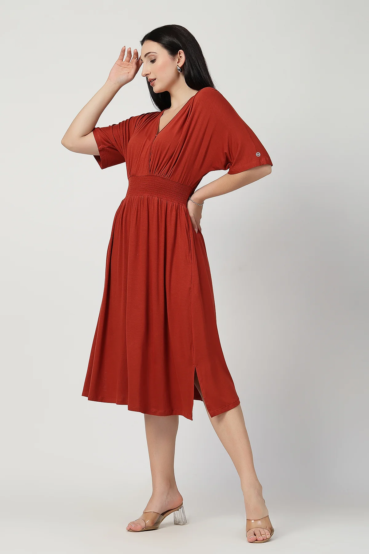 Rust Solid Smocked Waist Zipless Feeding Dress - Image 8