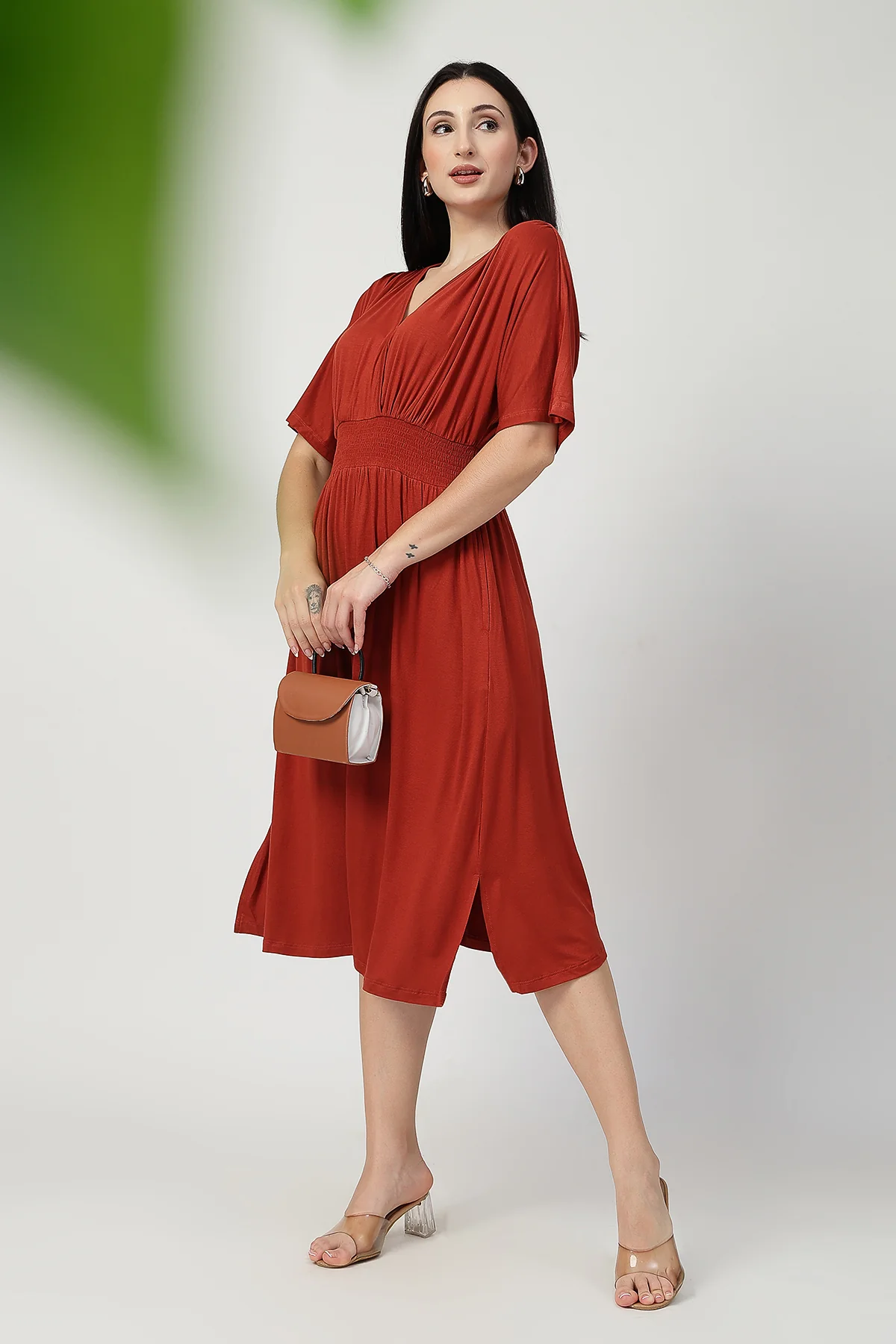 Rust Solid Smocked Waist Zipless Feeding Dress - Image 9