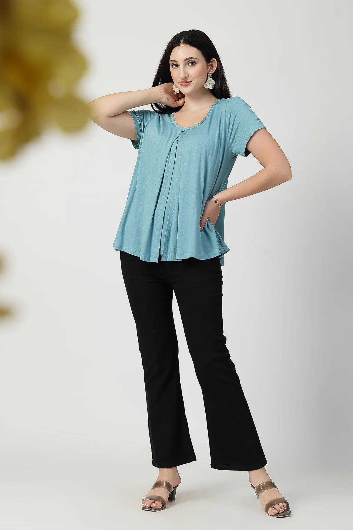 Sea Green Front & Back Pleated Zipless Nursing Top - Image 12