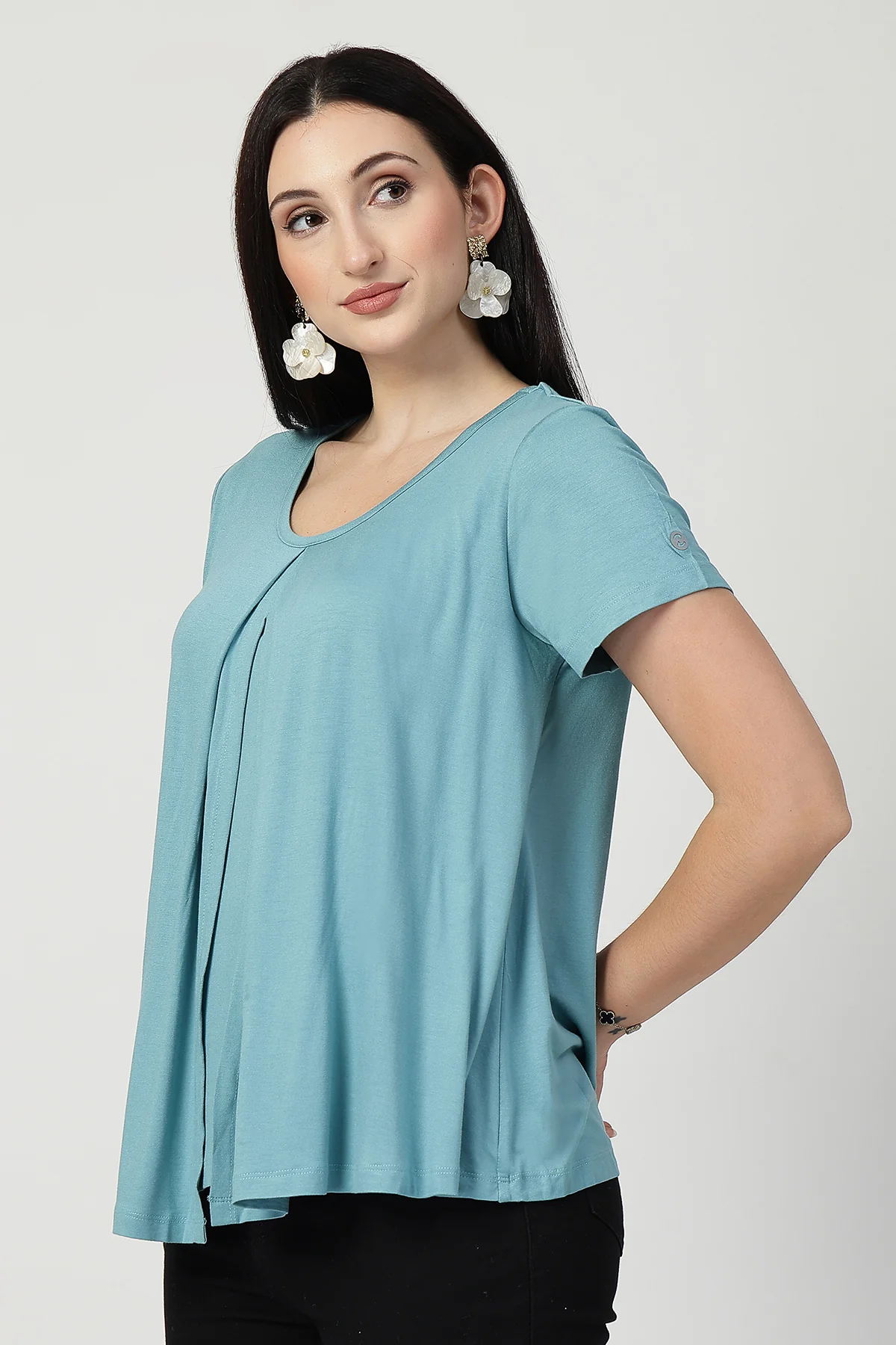 Sea Green Front & Back Pleated Zipless Nursing Top - Image 4