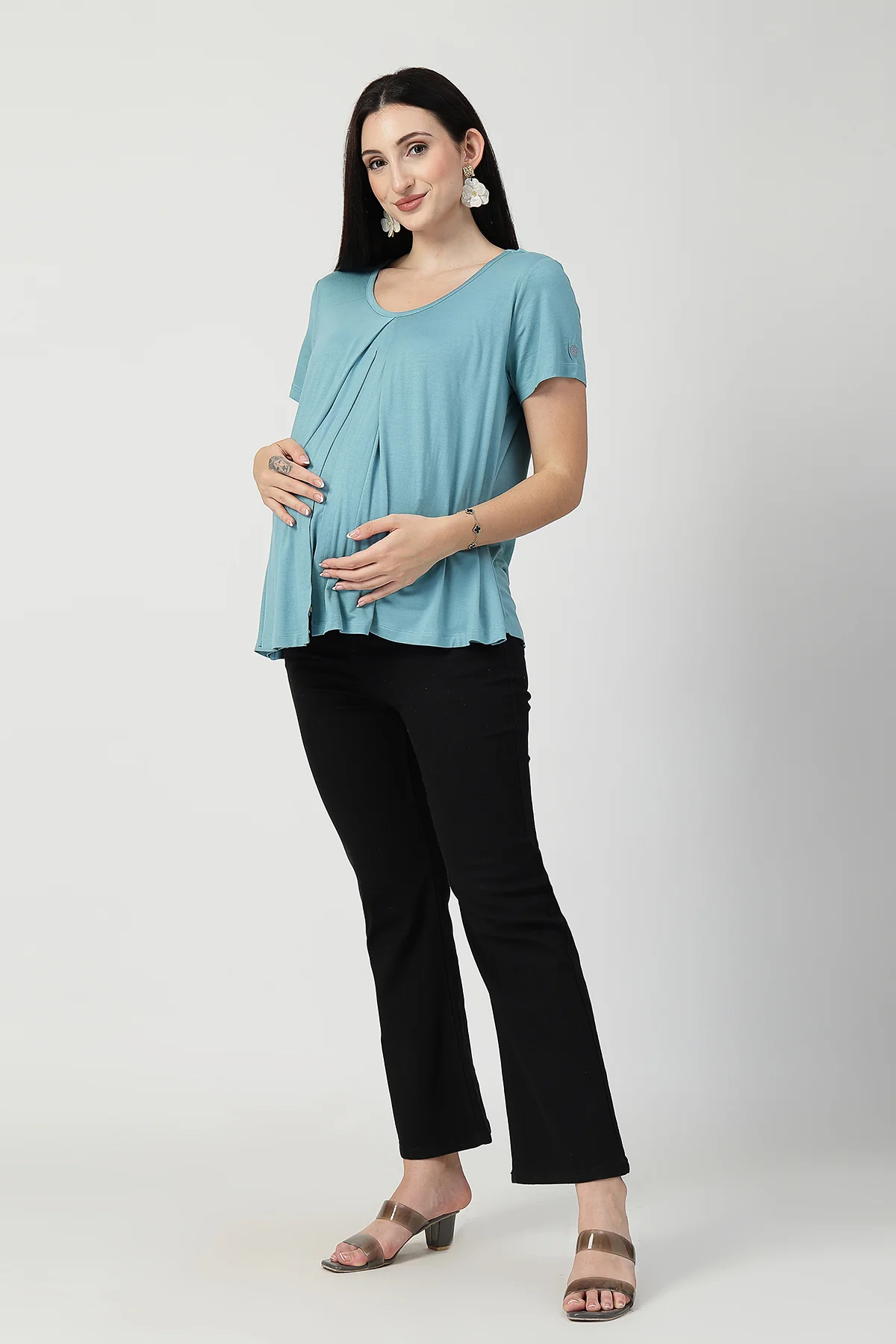 Sea Green Front & Back Pleated Zipless Nursing Top - Image 6