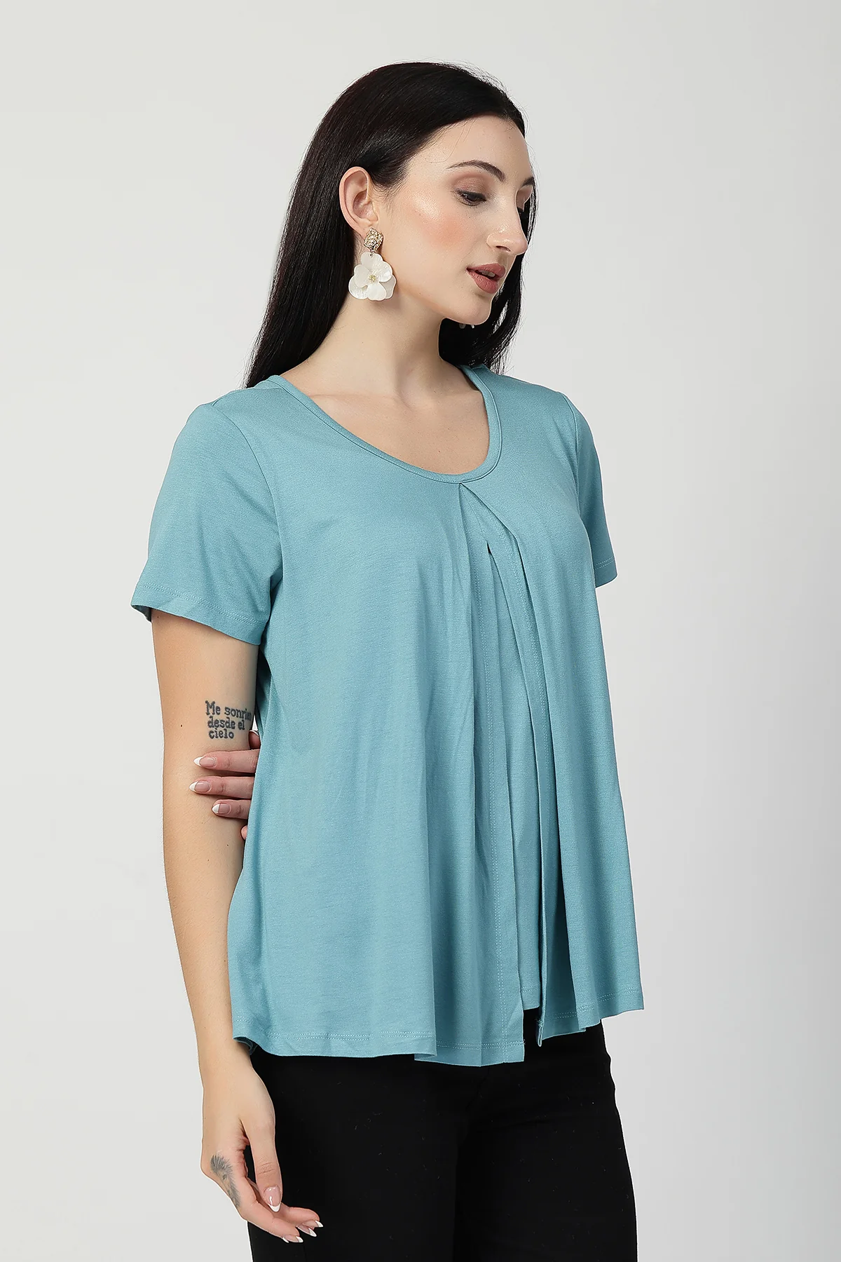 Sea Green Front & Back Pleated Zipless Nursing Top - Image 7