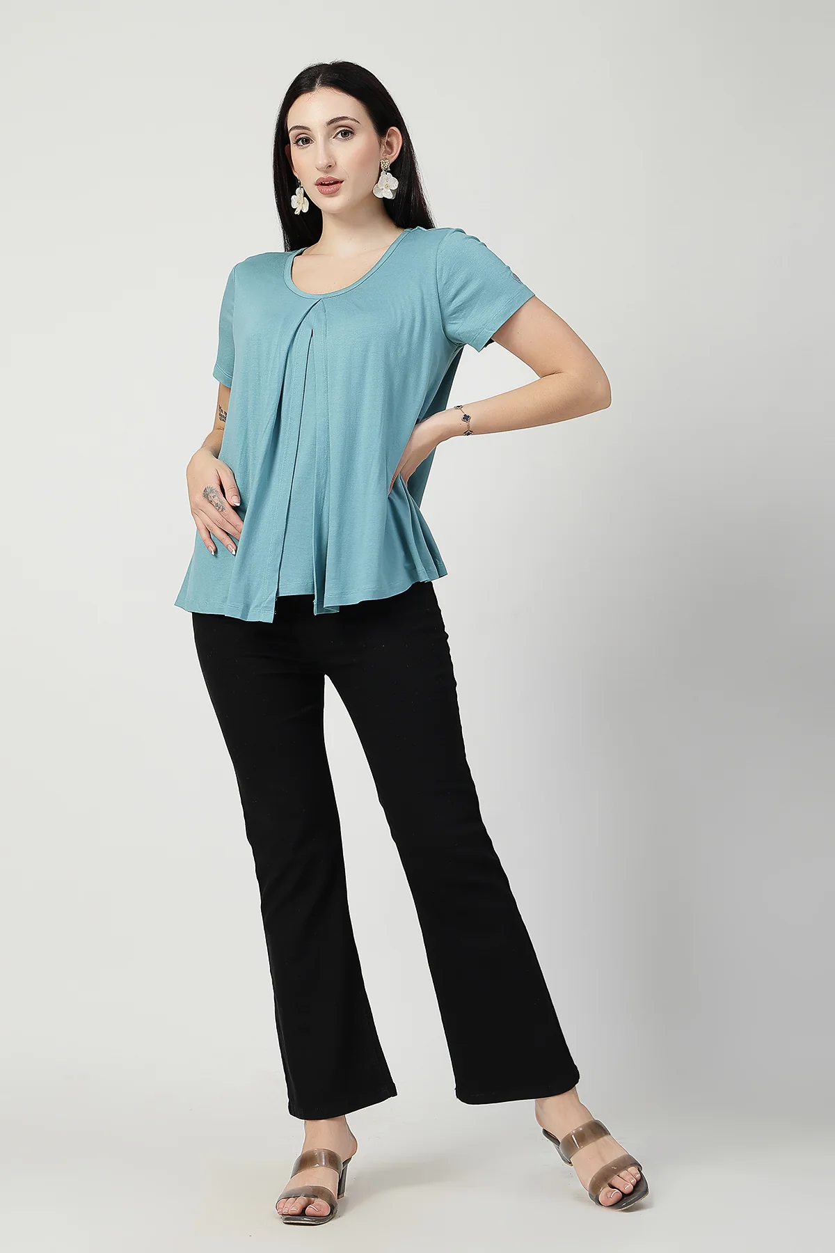 Sea Green Front & Back Pleated Zipless Nursing Top - Image 9