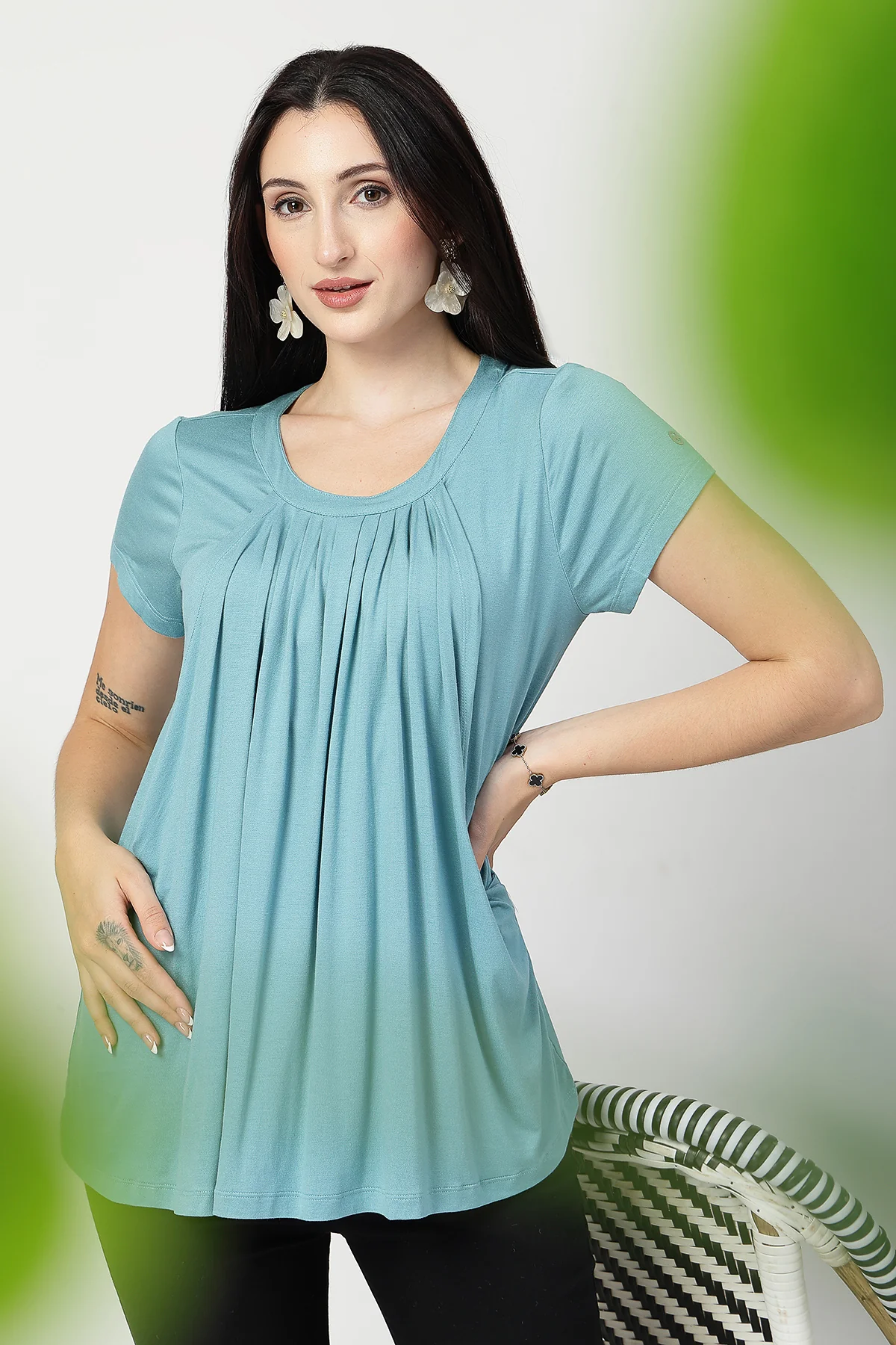 Sea Green Pleated Zipless Nursing Top - Image 2