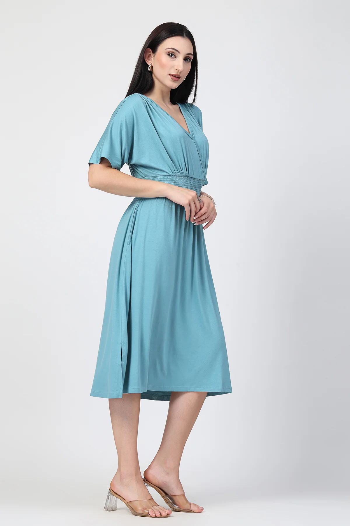 Sea Green Solid Smocked Waist Zipless Feeding Dress - Image 11