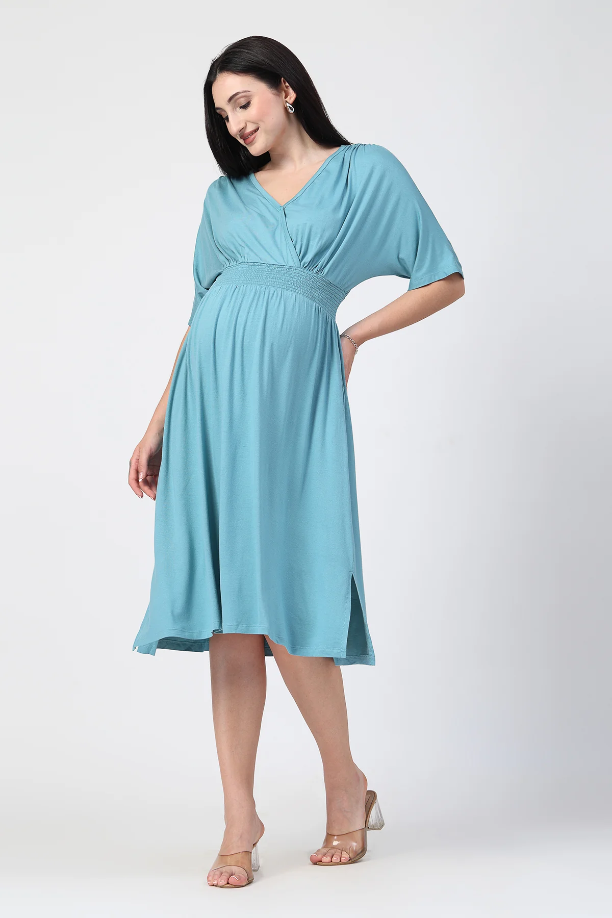 Sea Green Solid Smocked Waist Zipless Feeding Dress - Image 12