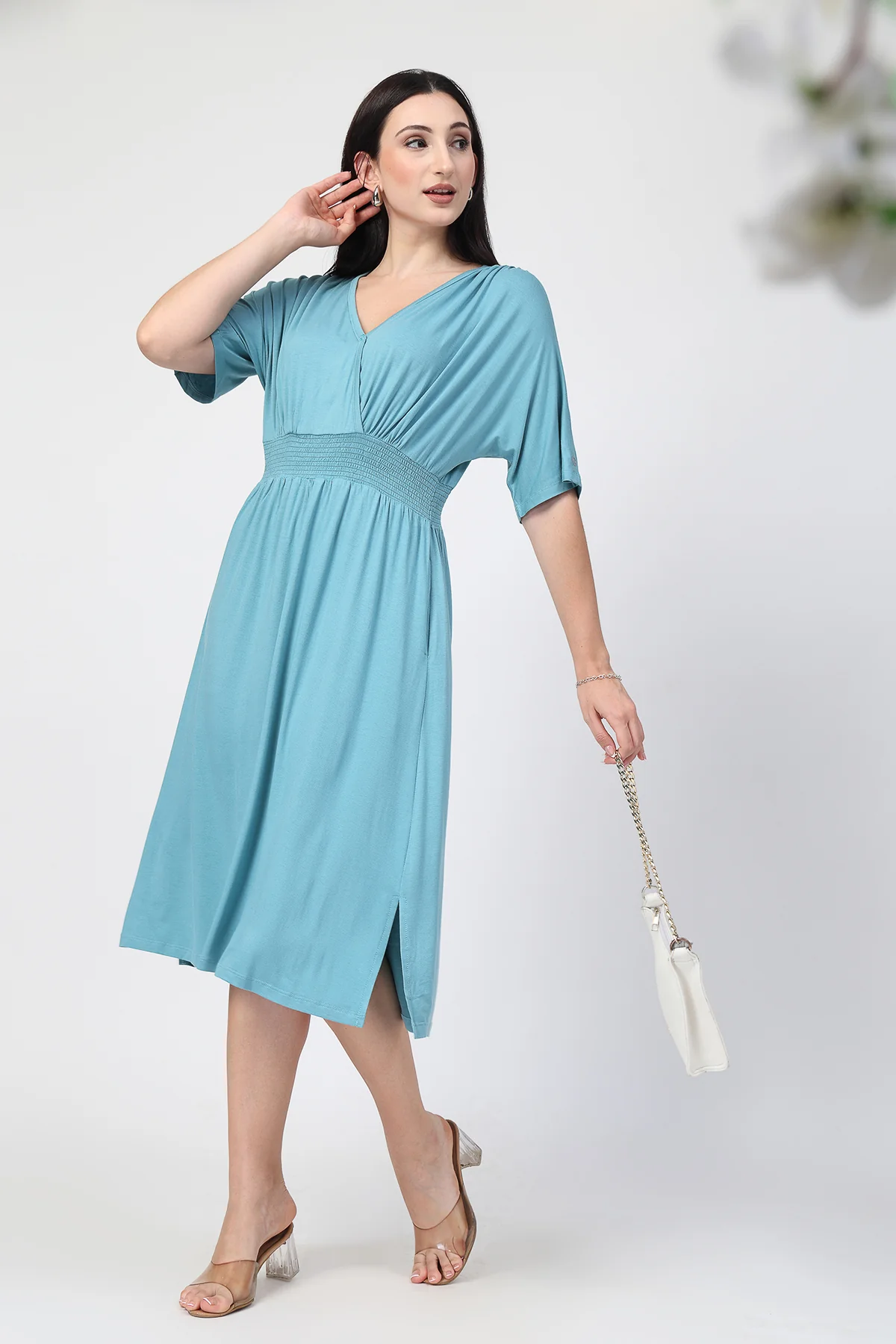 Sea Green Solid Smocked Waist Zipless Feeding Dress - Image 13