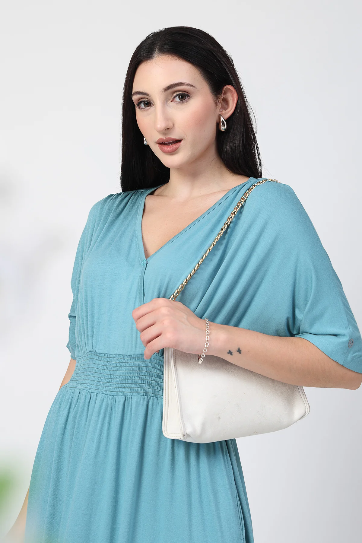 Sea Green Solid Smocked Waist Zipless Feeding Dress - Image 14