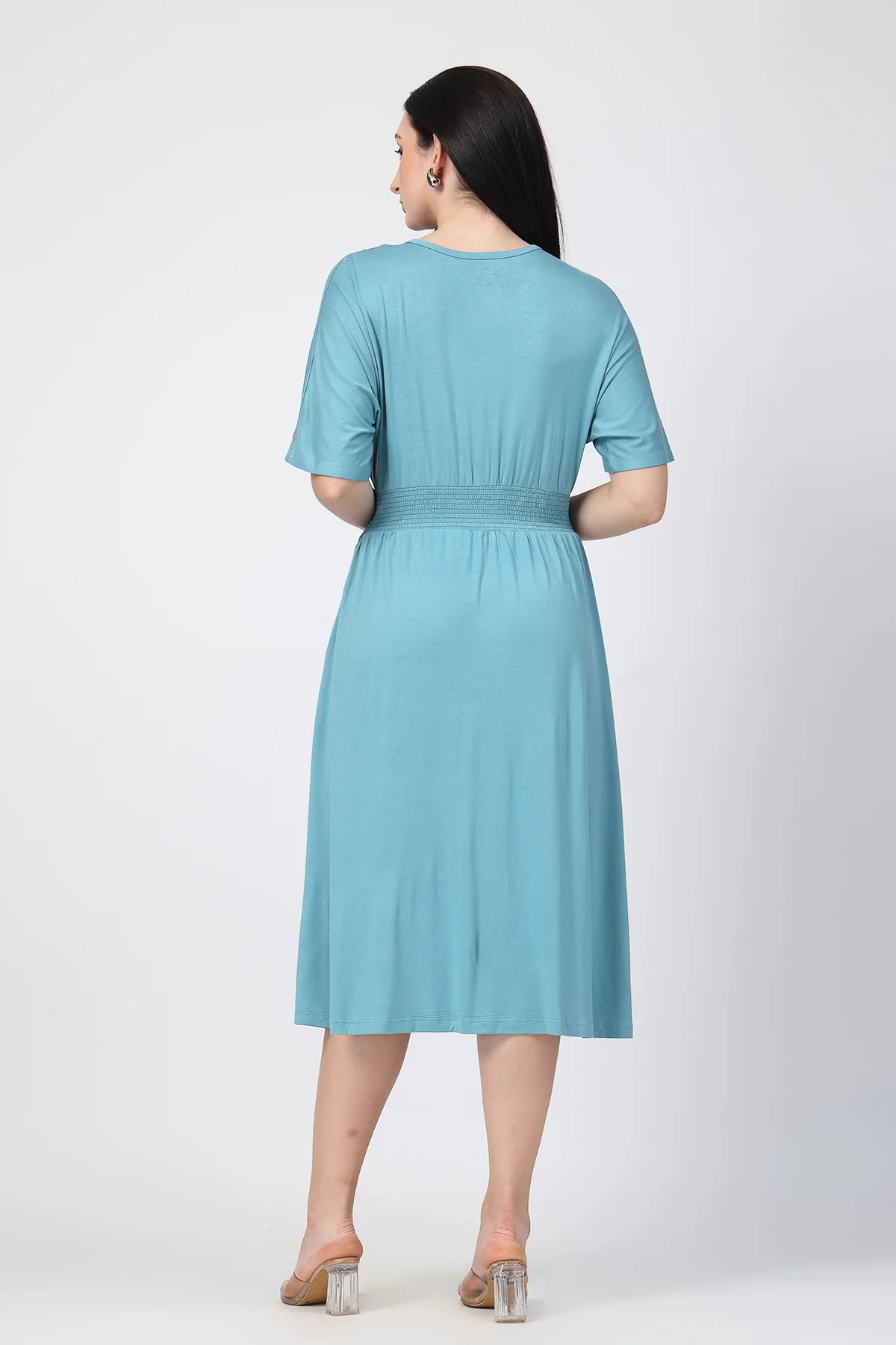 Sea Green Solid Smocked Waist Zipless Feeding Dress - Image 3