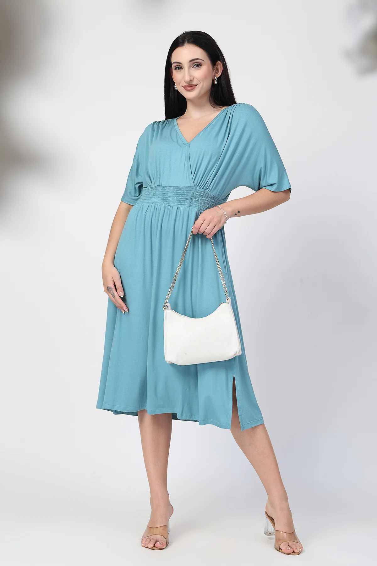 Sea Green Solid Smocked Waist Zipless Feeding Dress - Image 5