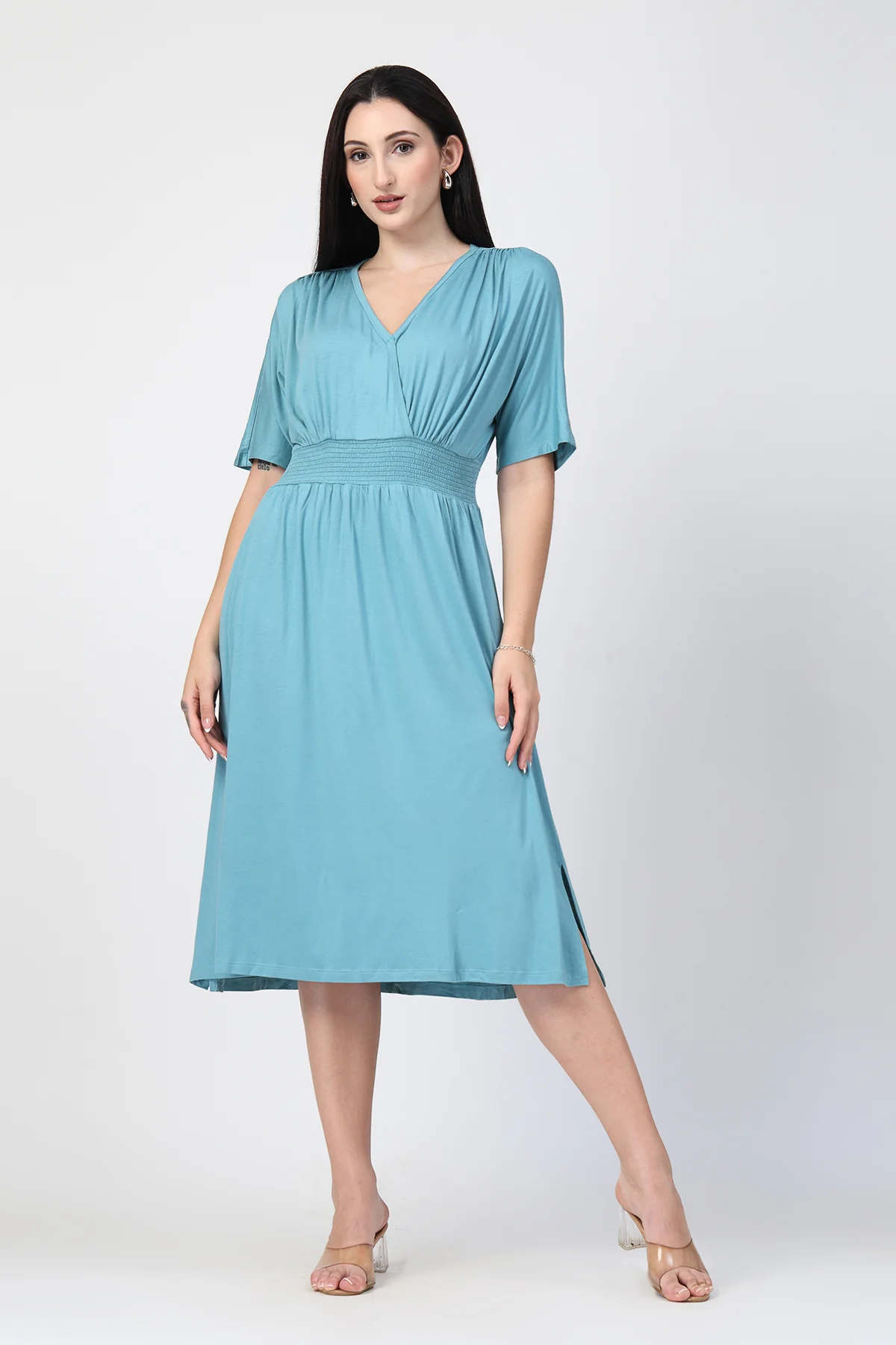 Sea Green Solid Smocked Waist Zipless Feeding Dress - Image 7