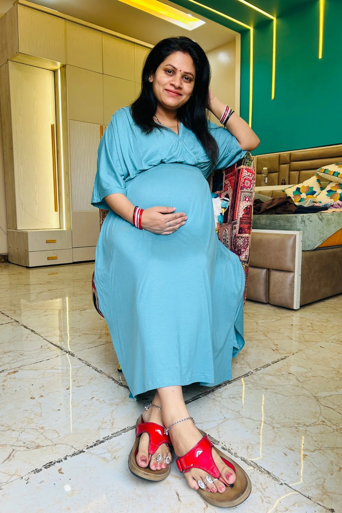 Sea Green Solid Smocked Waist Zipless Feeding Dress - Image 8