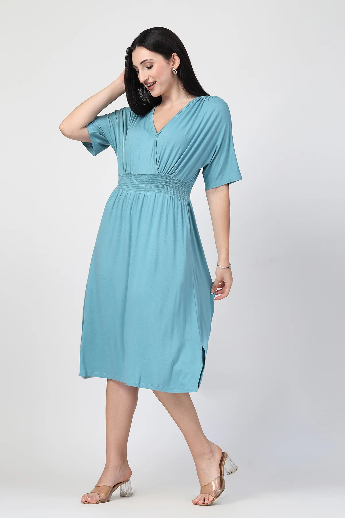 Sea Green Solid Smocked Waist Zipless Feeding Dress - Image 9