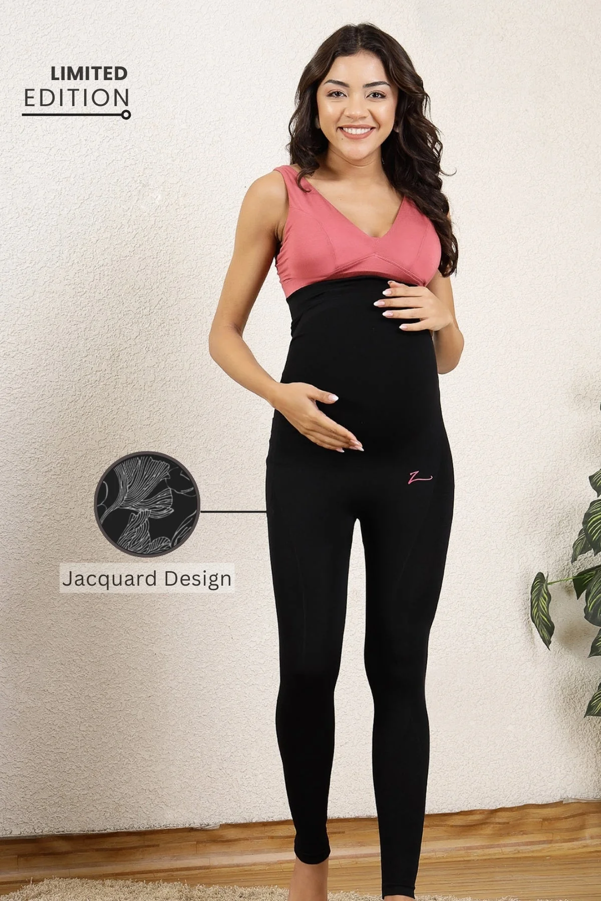 Seamless Adaptable Bump Support Black Floral Jacquard Maternity Legging - Image 13