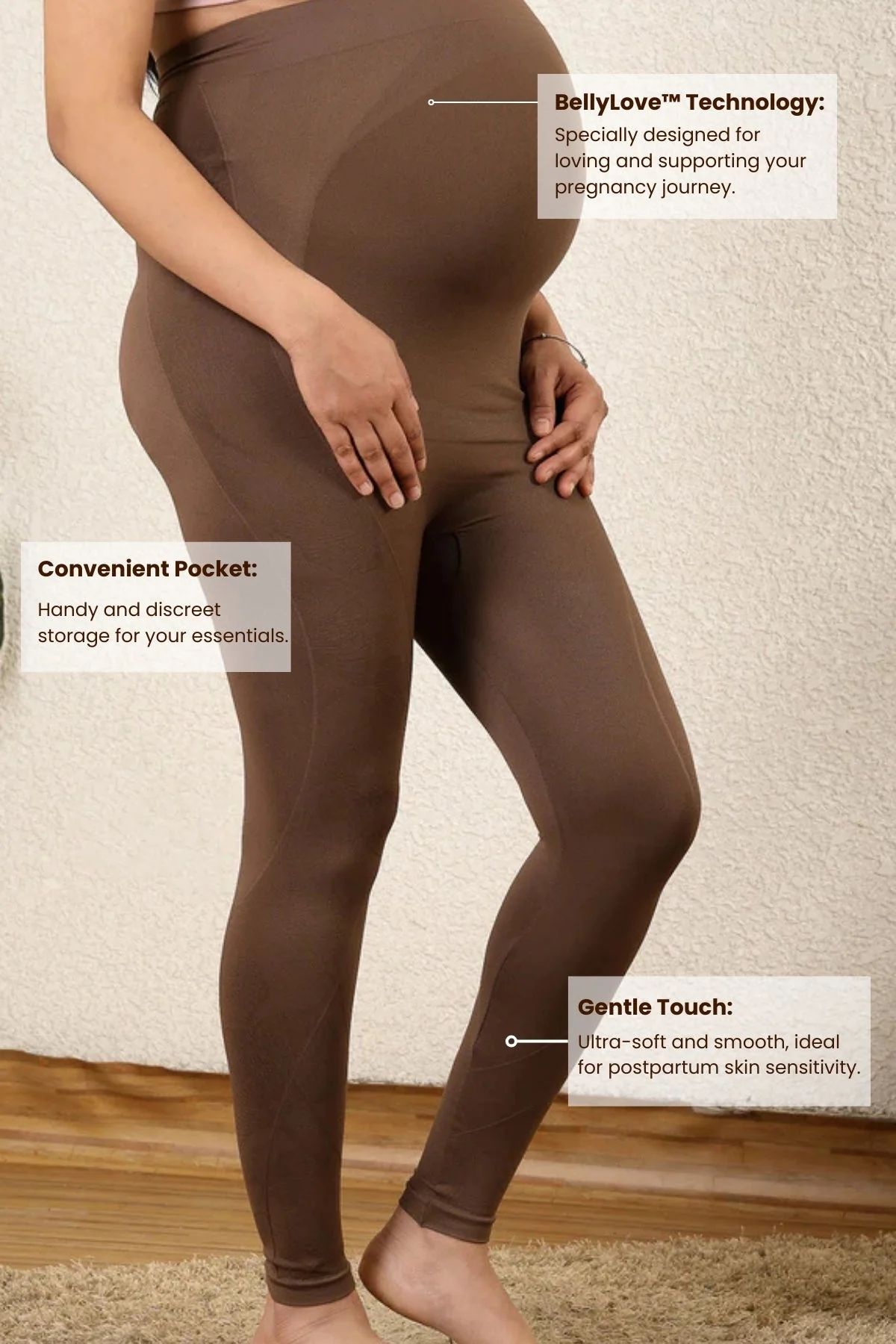Seamless Adaptable Bump Support Brown Floral Jacquard Maternity Legging - Image 16
