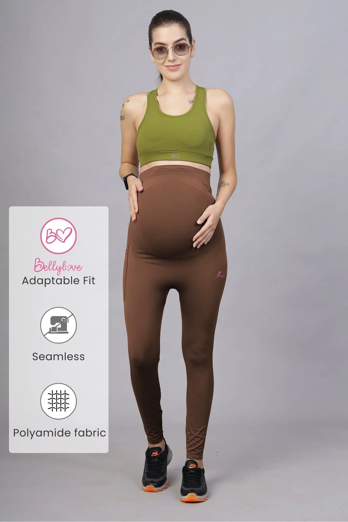 Seamless Adaptable Bump Support Brown Maternity Legging - Image 13