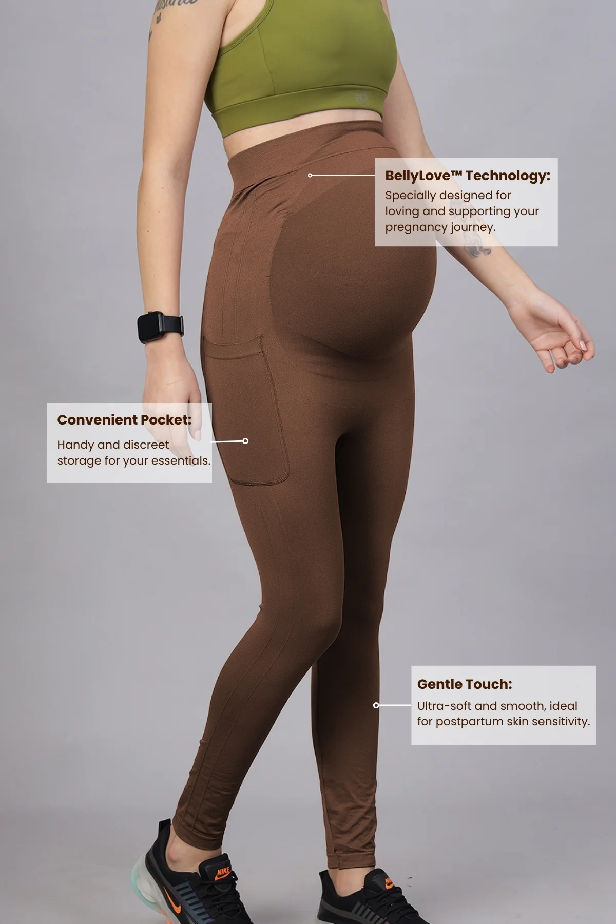 Seamless Adaptable Bump Support Brown Maternity Legging - Image 3