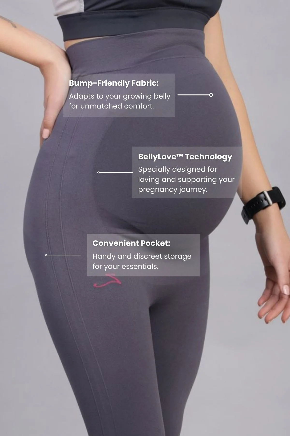 Seamless Adaptable Bump Support Grey Maternity Leggings - Image 4