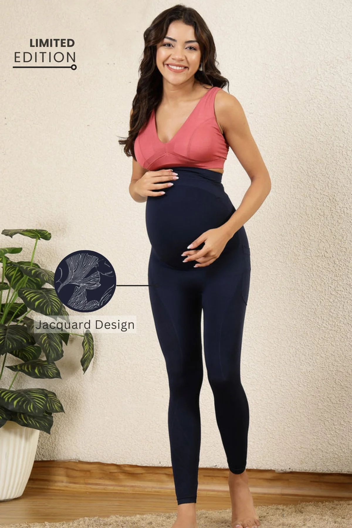 Seamless Adaptable Bump Support Navy Blue Floral Jacquard Maternity Legging - Image 2