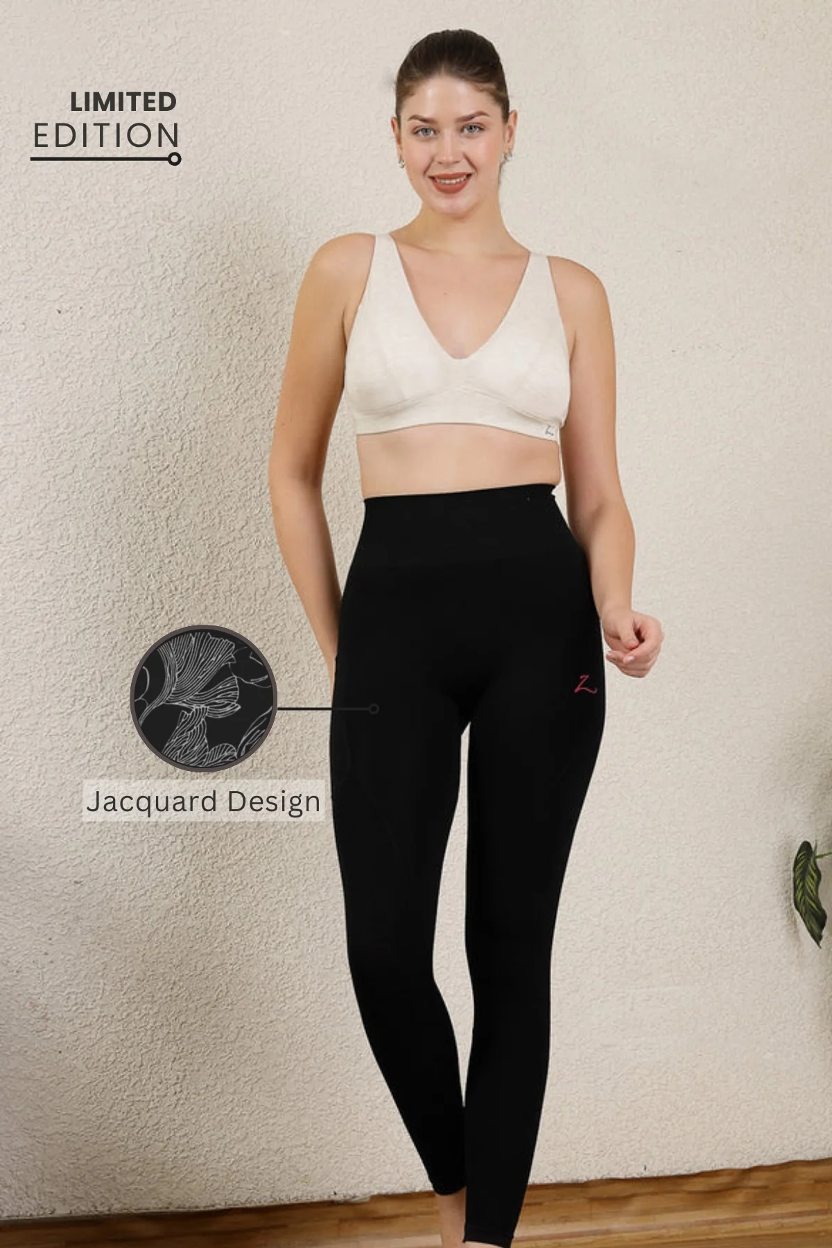 Seamless High Waisted Tummy Compression Floral Jacquard Black Postpartum Legging - Image 2