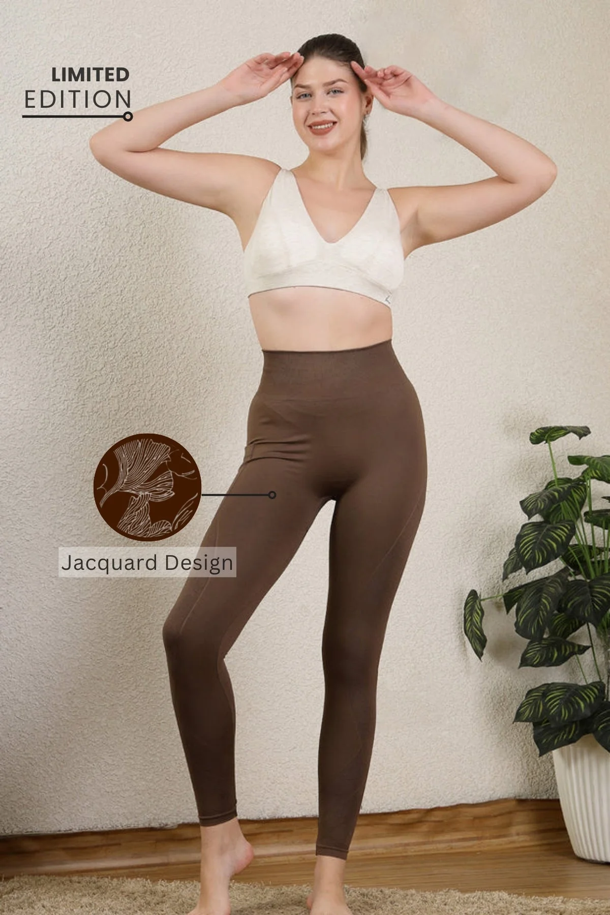 Seamless High Waisted Tummy Compression Floral Jacquard Brown Postpartum Legging - Image 11
