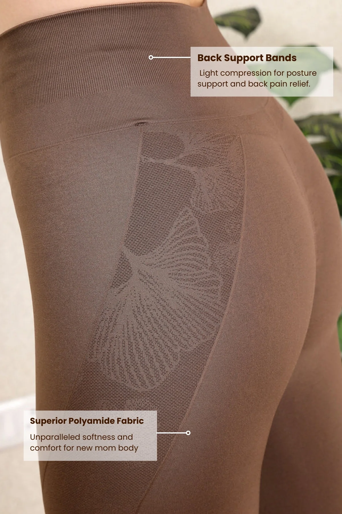 Seamless High Waisted Tummy Compression Floral Jacquard Brown Postpartum Legging - Image 3