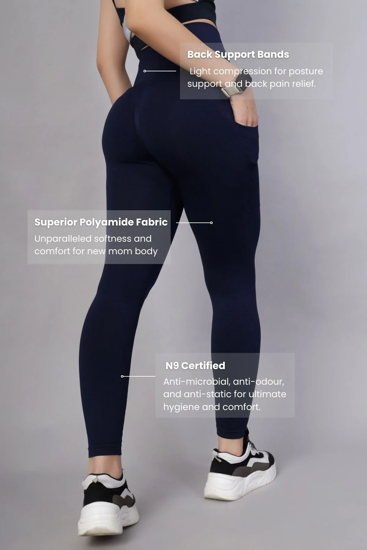 Seamless High Waisted Tummy Compression Navy Blue Postpartum Leggings - Image 3