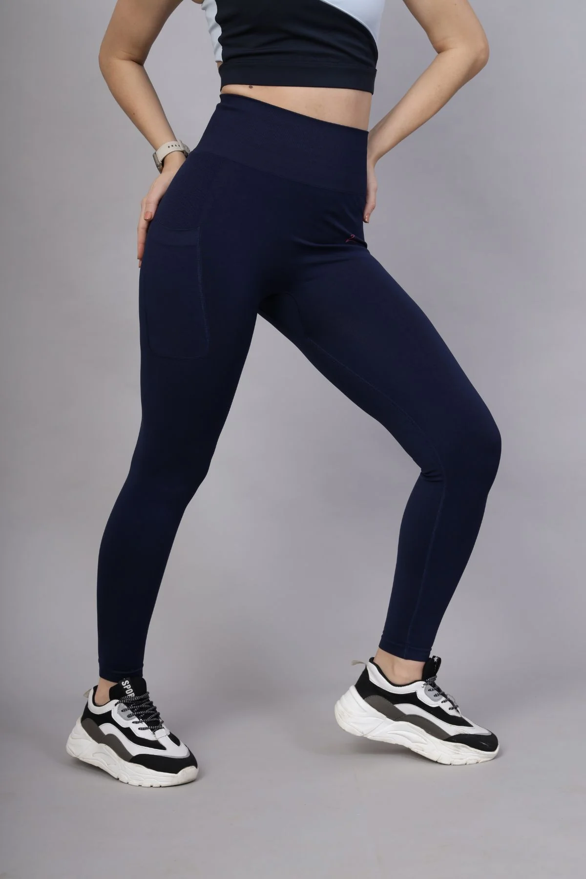 Seamless High Waisted Tummy Compression Navy Blue Postpartum Leggings - Image 6
