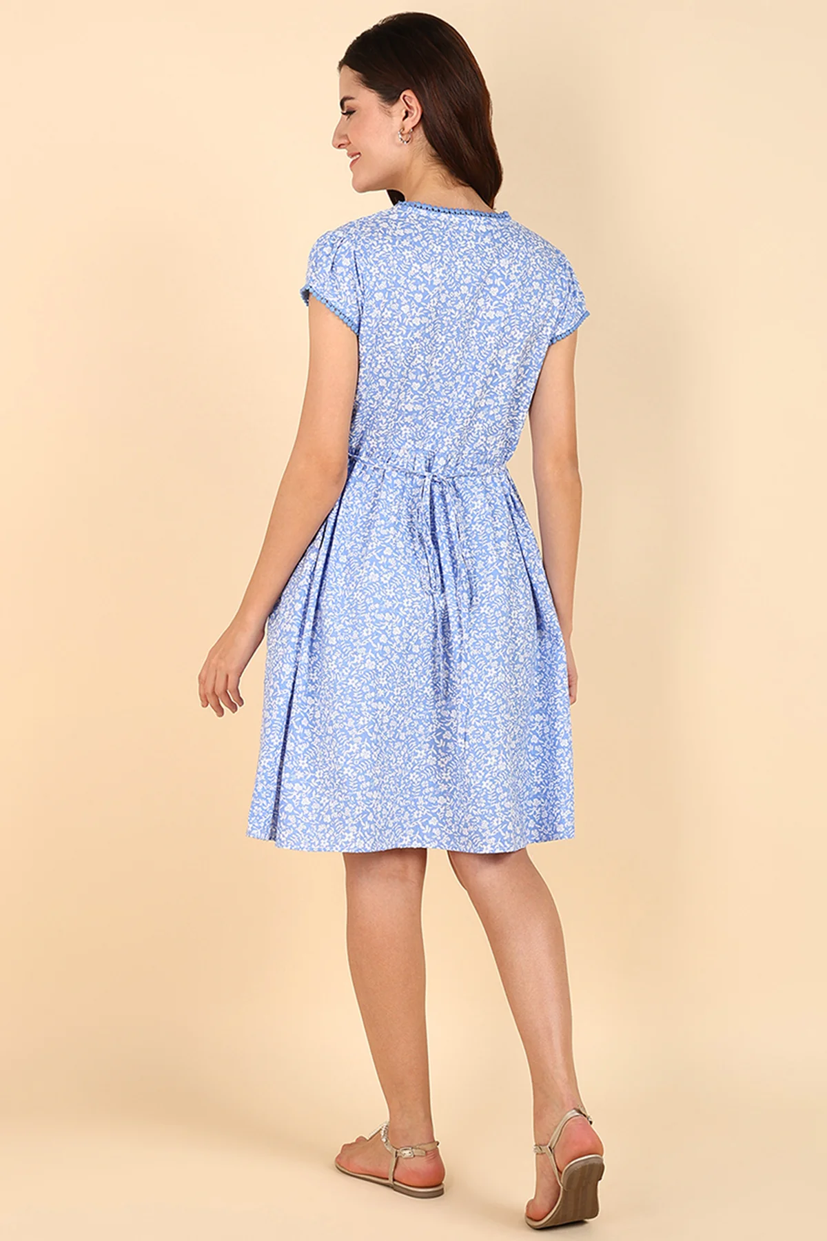 Sky Blue Printed 100% Soft Cotton Zipless Maternity Feeding Dress - Image 4