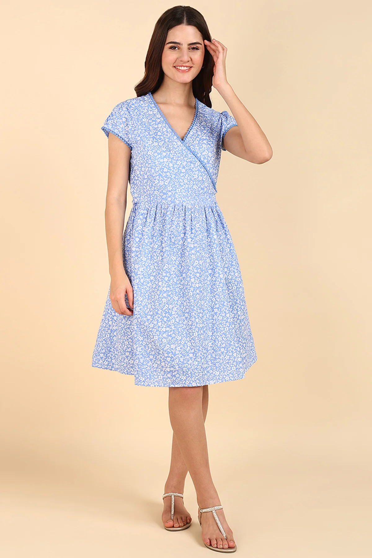 Sky Blue Printed 100% Soft Cotton Zipless Maternity Feeding Dress - Image 7